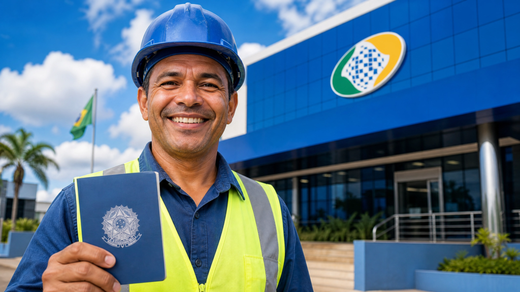 Trabalhador com capacete em frente ao INSS segurando documento de aposentadoria especial.