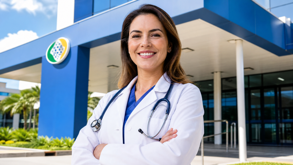 Médica de jaleco e estetoscópio em frente ao INSS segurando documentos de aposentadoria especial.