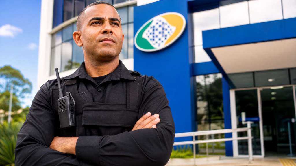 Vigilante uniformizado em frente ao INSS segurando documentos para pedido de aposentadoria especial.