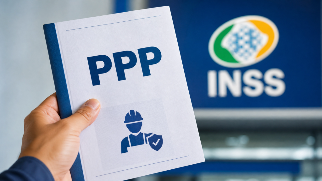 Mão segurando um formulário PPP em frente ao logotipo do INSS para pedido de aposentadoria especial.
