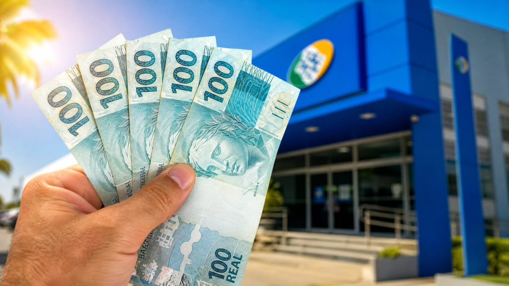Mão segurando moedas e notas de real em frente ao logotipo do INSS, representando o valor da aposentadoria especial.