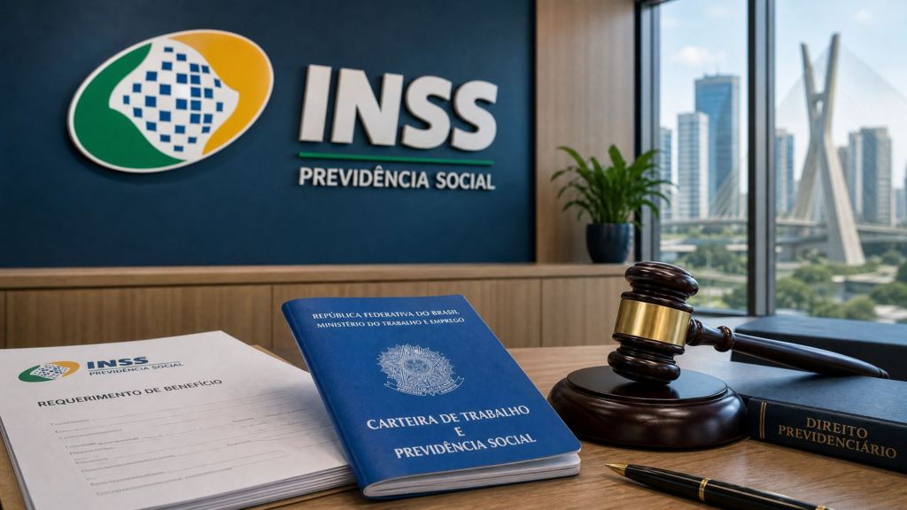 Escritório de advocacia previdenciária com logo do INSS e vista para a Ponte Estaiada em São Paulo