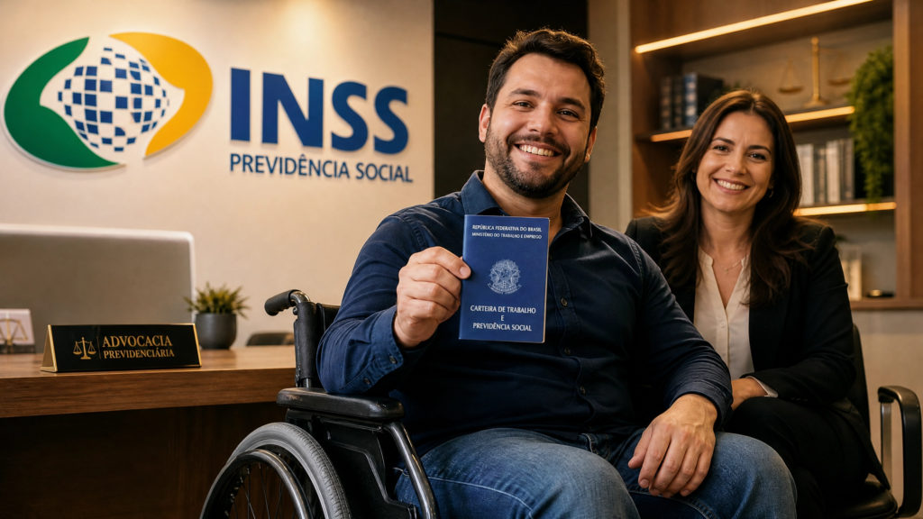 Homem em cadeira de rodas sorrindo ao lado de advogada, segurando Carteira de Trabalho em frente ao logo do INSS